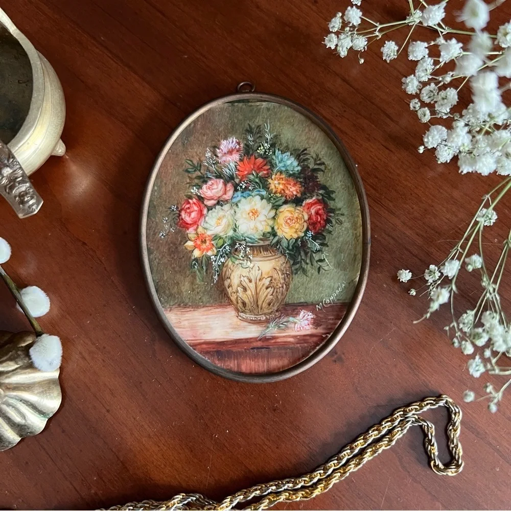 Antique Miniature - Framed Oil Painting a Bouquet of Flowers, circa 1850.